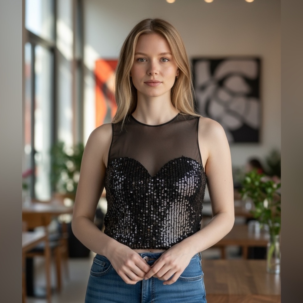 NWOT ZARA TULLE CROPPED TOP WITH SEQUINS Dark brown | 0219/115